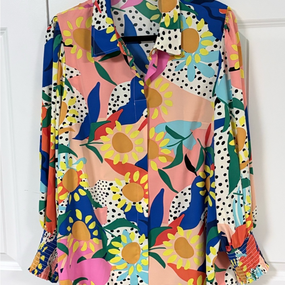 Vibrant Floral Print Button-Up Blouse - Multicolor